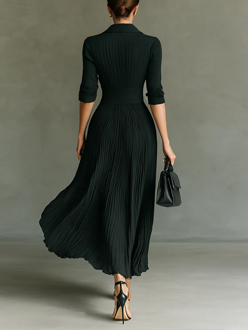 ELVIRE - VESTIDO LARGO PLISADO CON CUELLO DE SOLAPA Y CINTURÓN