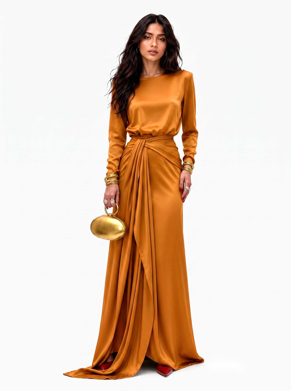 ELEGANTE VESTIDO MAXI DE SATÉN DRAPEADO