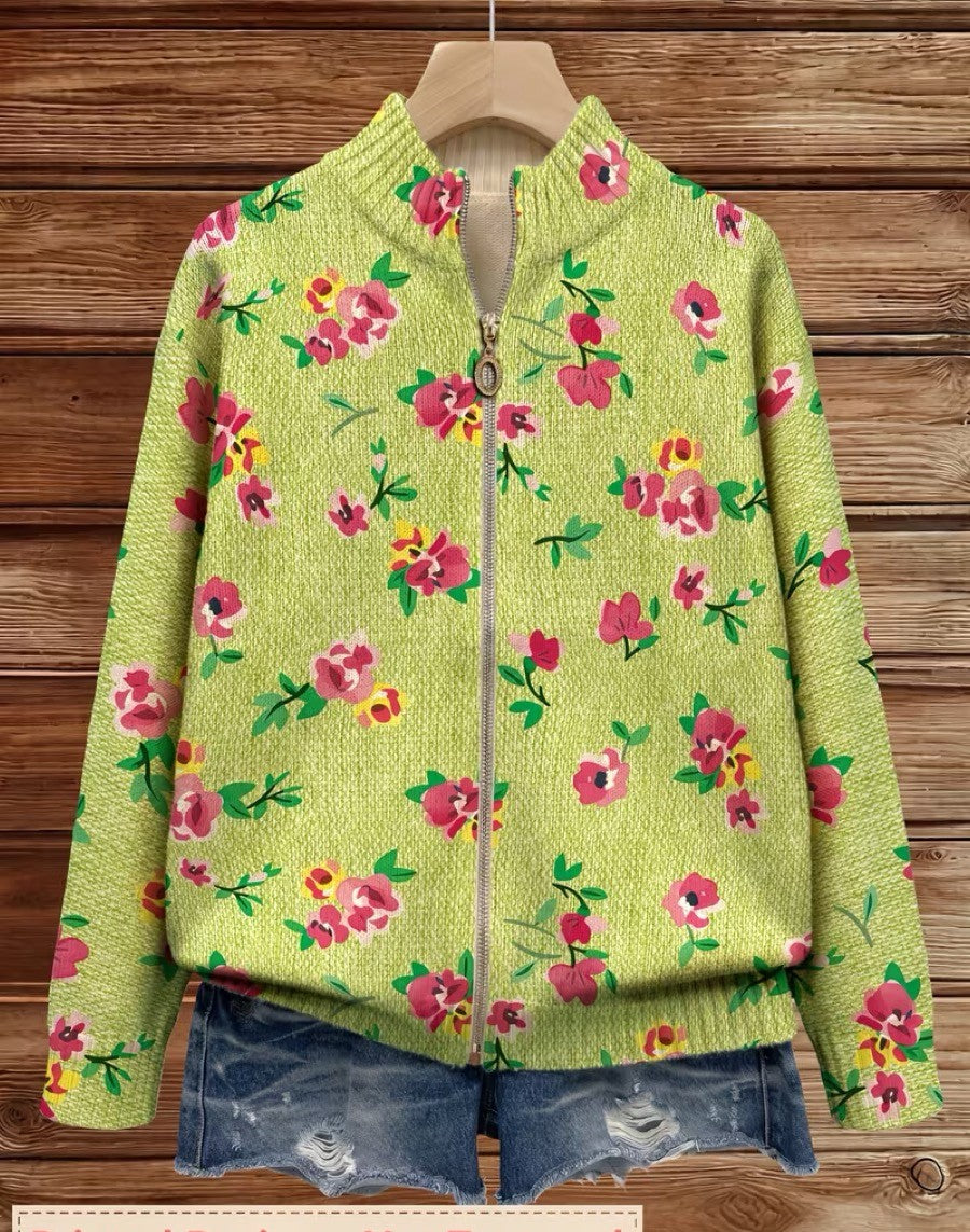 CONSTANCE - CÁRDIGAN FLORAL ROSA Y LIMA CON CREMALLERA