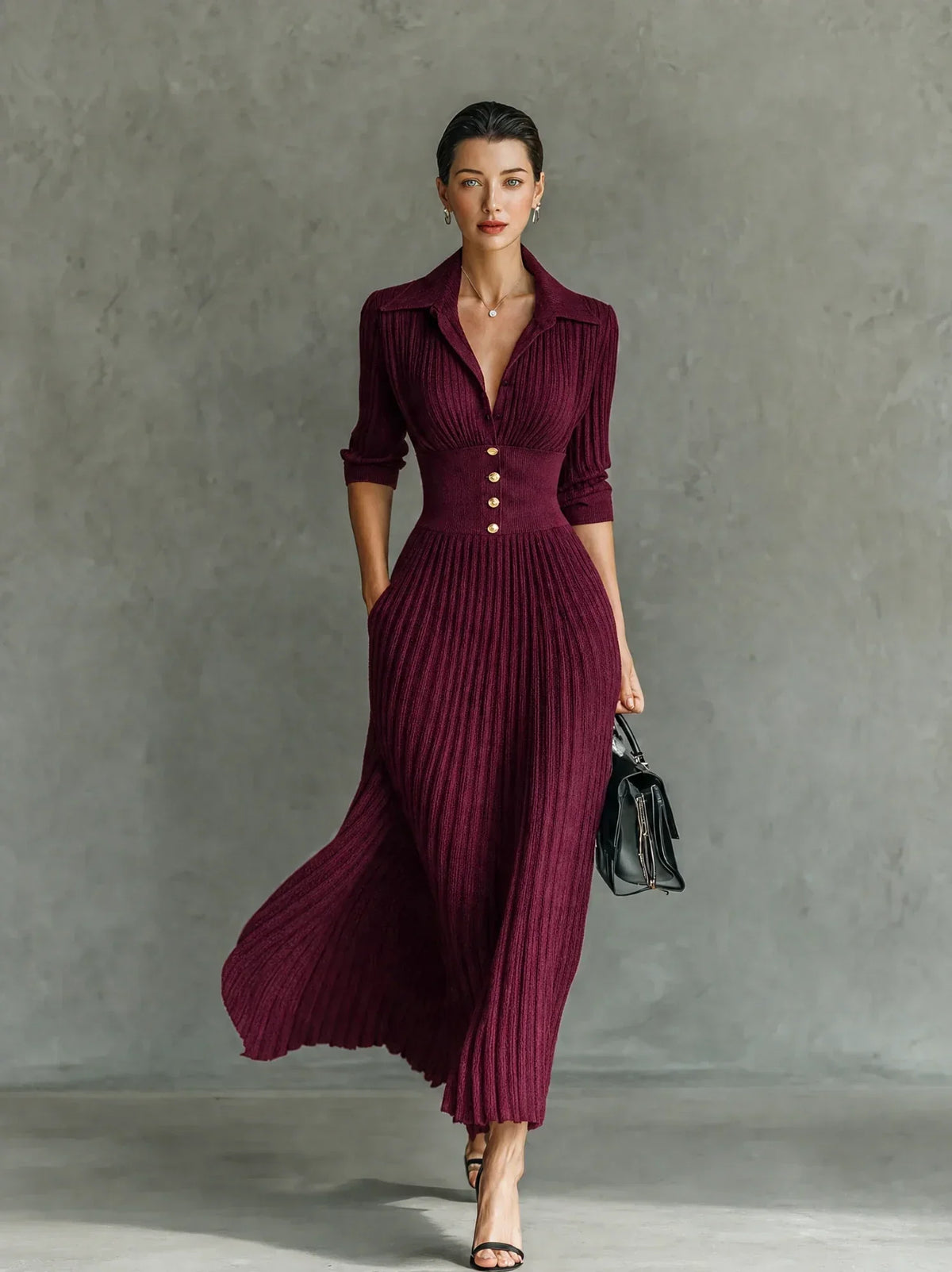 ELVIRE - VESTIDO LARGO PLISADO CON CUELLO DE SOLAPA Y CINTURÓN