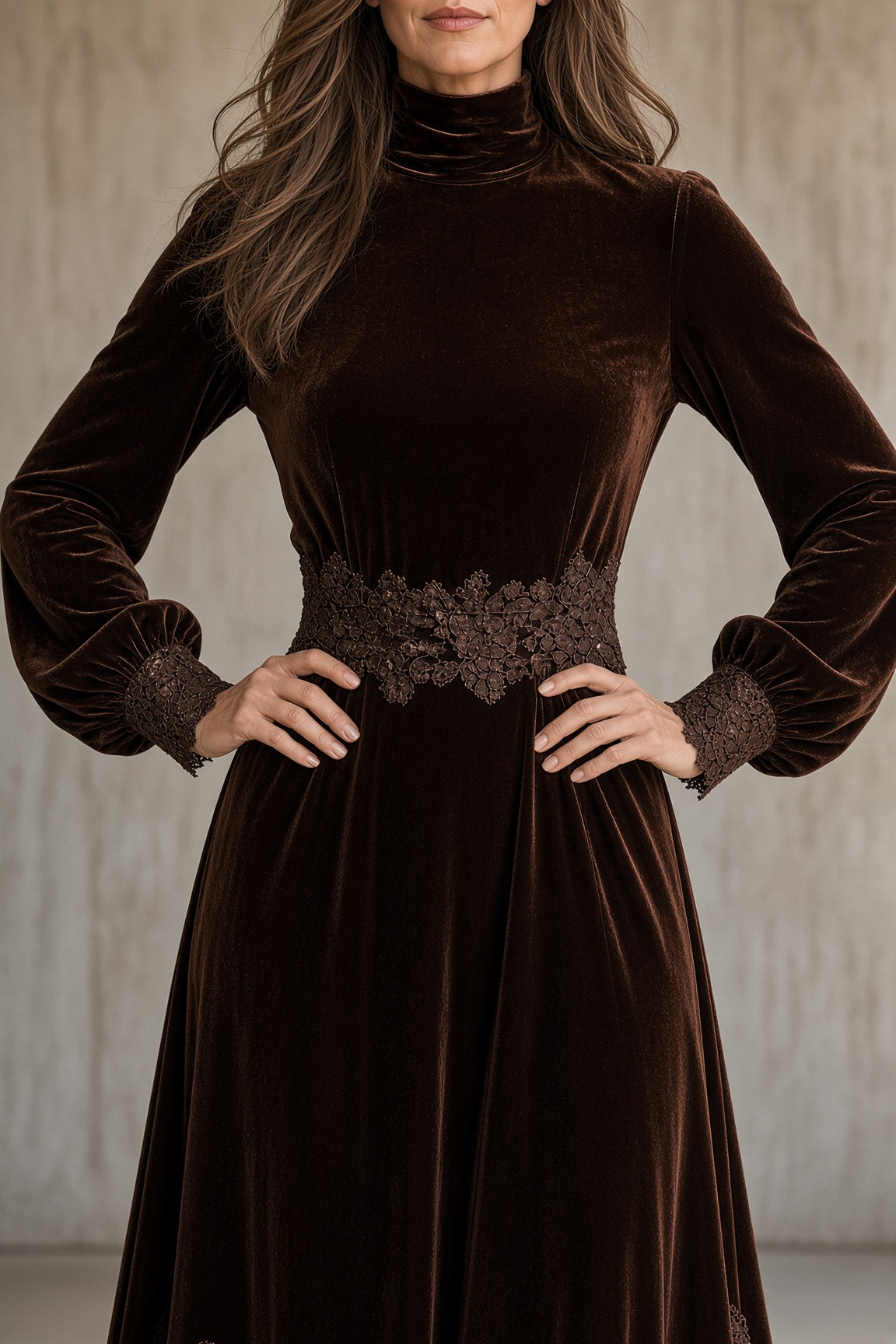 MONICA - VESTIDO LARGO DE TERCIOPELO CON ENCAJE