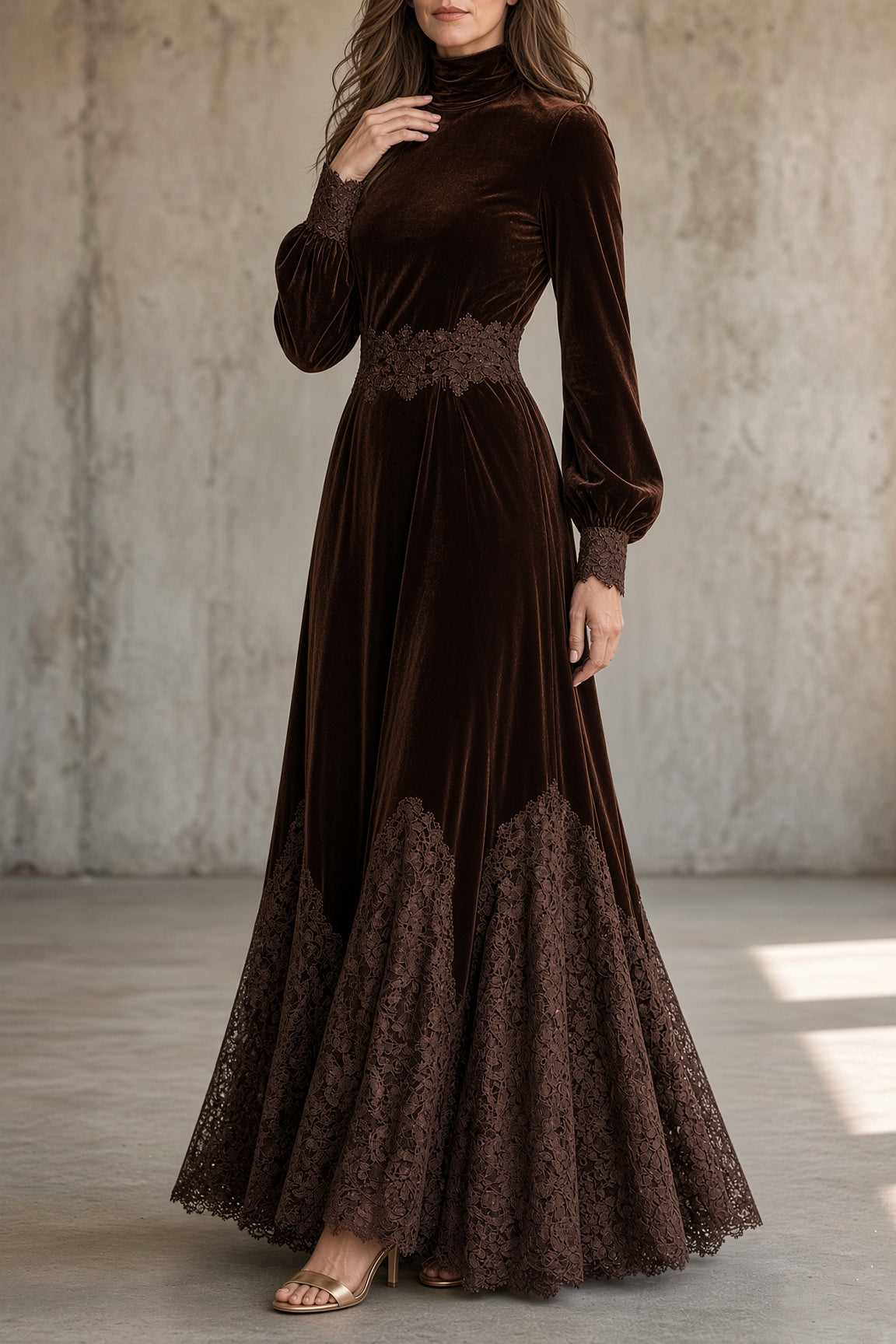 MONICA - VESTIDO LARGO DE TERCIOPELO CON ENCAJE