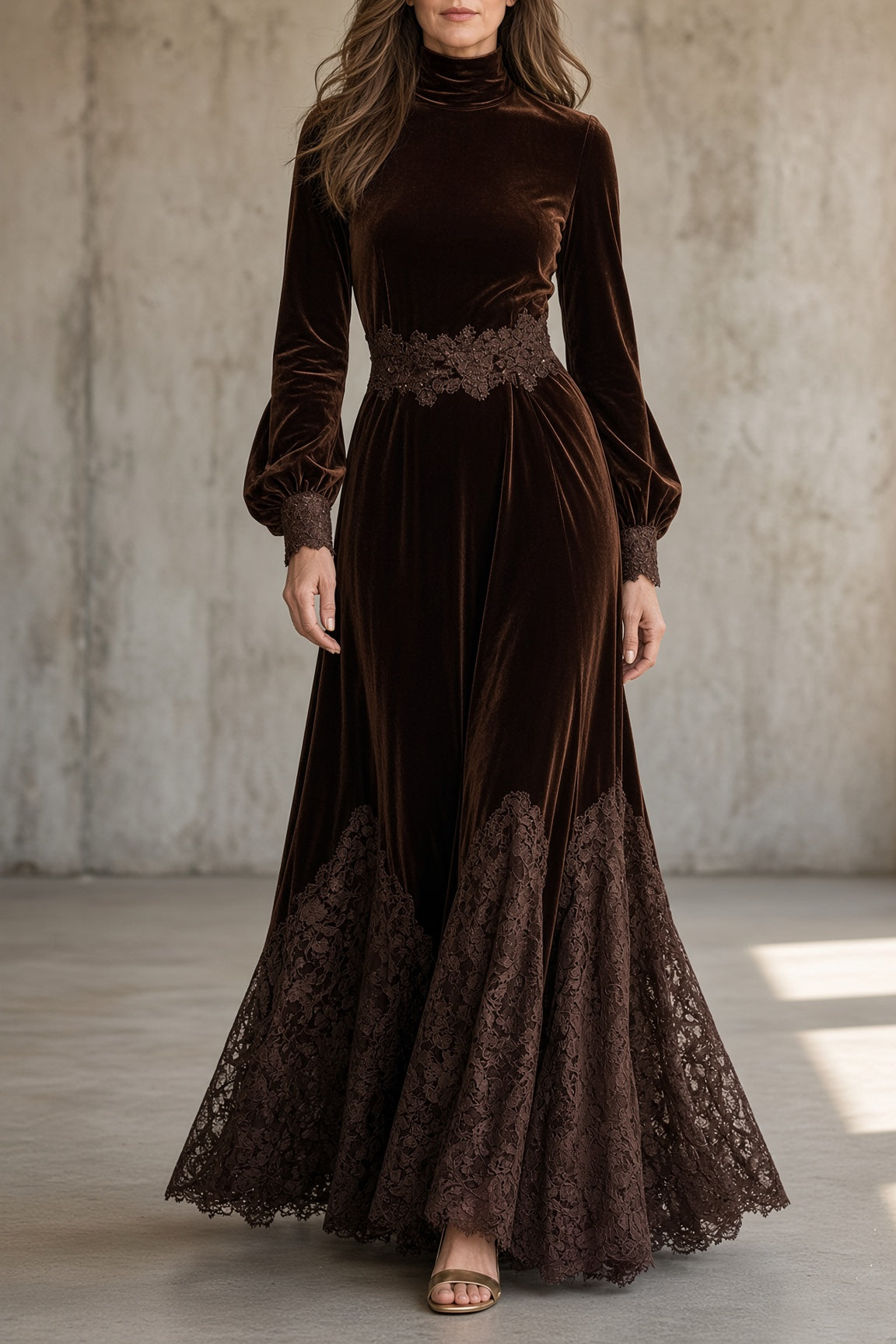 MONICA - VESTIDO LARGO DE TERCIOPELO CON ENCAJE