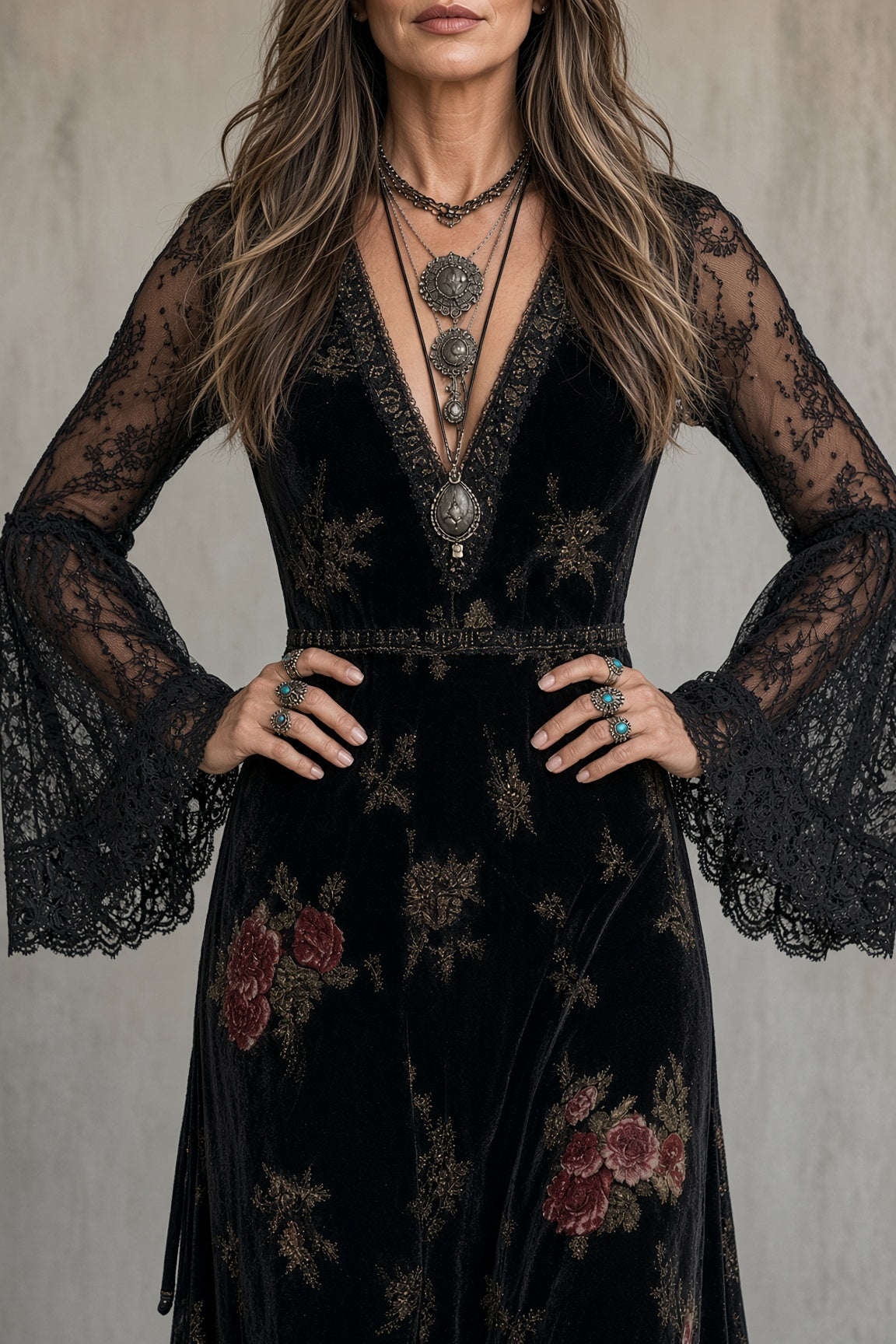 NATALIE - VESTIDO LARGO DE TERCIOPELO CON MANGAS DE ENCAJE
