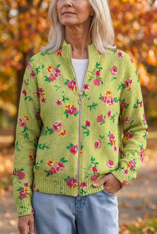 CONSTANCE - CÁRDIGAN FLORAL ROSA Y LIMA CON CREMALLERA