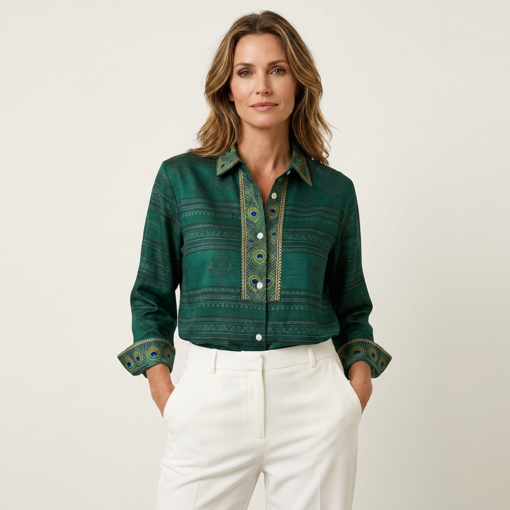 ESMERALDA - BLUSA CON ESTAMPADO DE PLUMAS DE PAVO REAL