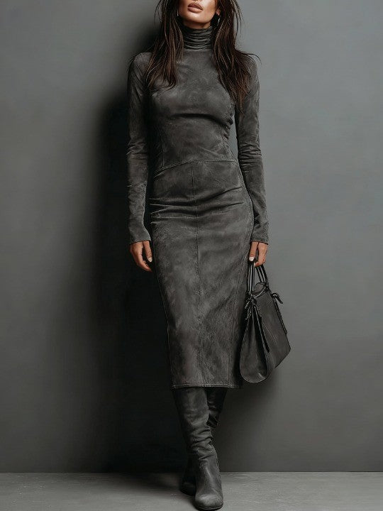 LORÈNE - VESTIDO MIDI EFECTO ANTE DE CUELLO ALTO