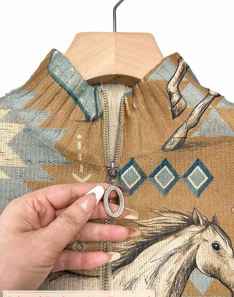 PERPETUA - CÁRDIGAN CON CREMALLERA, CABALLOS DEL DESIERTO Y CACTUS