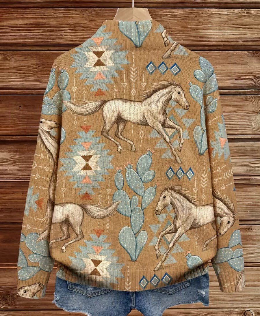 PERPETUA - CÁRDIGAN CON CREMALLERA, CABALLOS DEL DESIERTO Y CACTUS